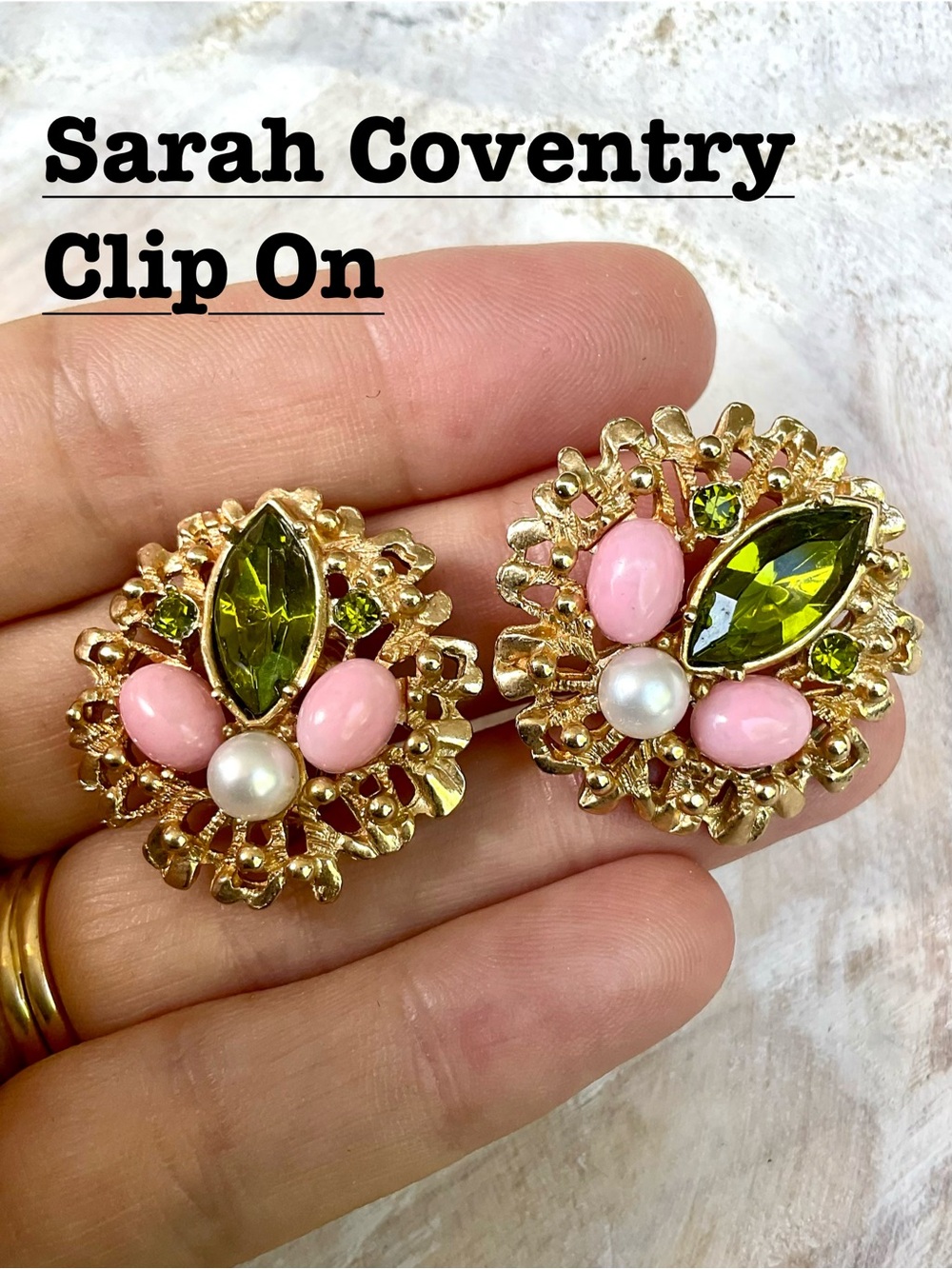 Sarah Coventry Pink & Olive Green Clip-On Earrings - Gold Tone